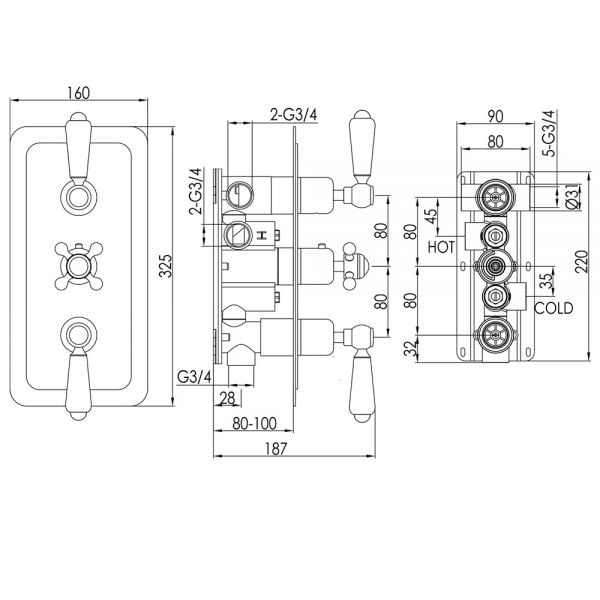 JTP Grosvenor Lever Chrome Vertical Three Outlet Thermostatic Shower