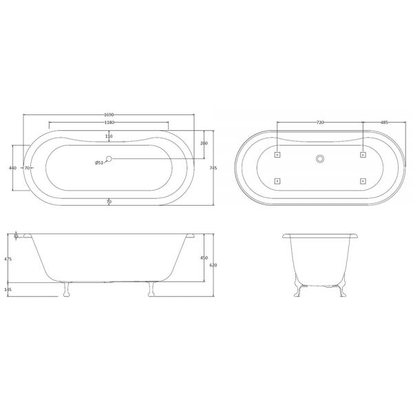 BC Designs Elmstead Freestanding Double Ended Roll Top Bath 1700 x 750mm BAU037 #4