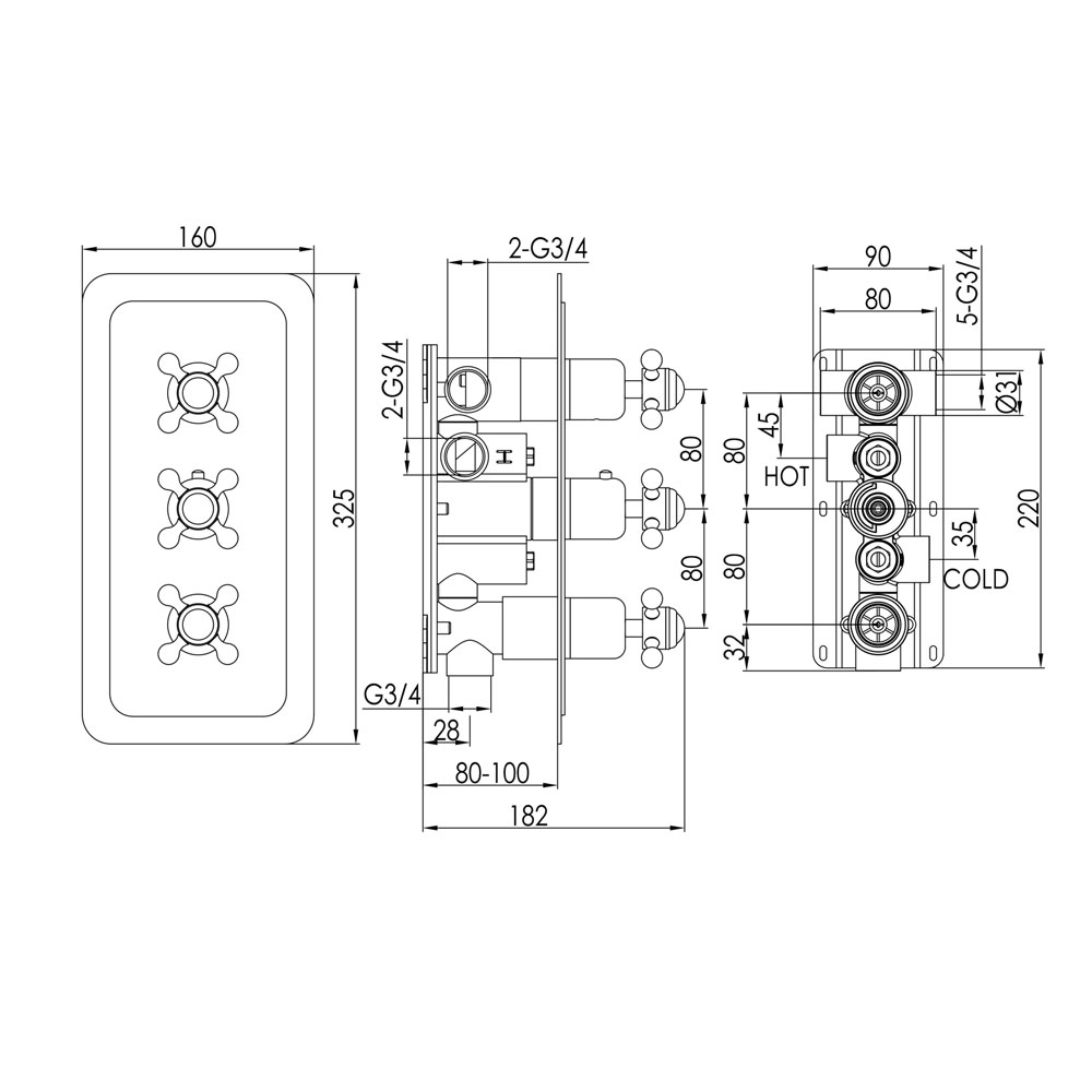 JTP Grosvenor Cross Chrome Vertical Three Outlet Thermostatic Shower Valve With Black Indices