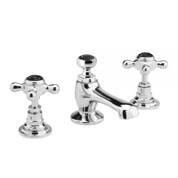 Hudson Reed Topaz Crosshead Chrome Deck Mounted 3 Hole Basin Mixer Tap with Pop Up Waste inc Hexagonal Collars and Black Indices