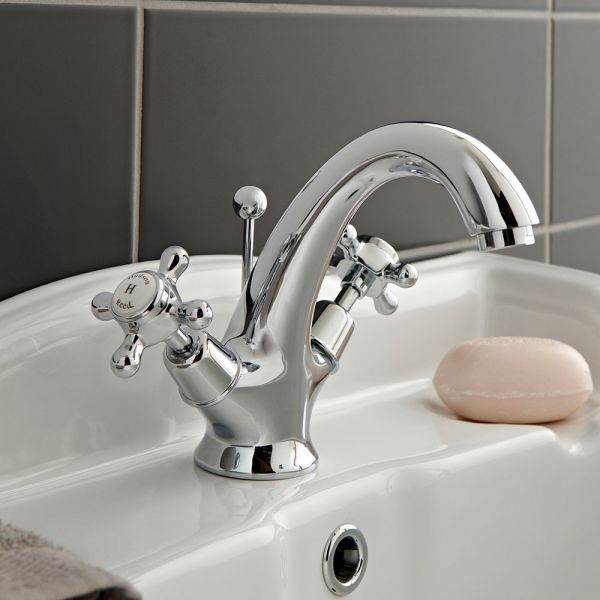 Hudson Reed Topaz Crosshead Chrome Mono Basin Mixer Tap with Pop Up Waste inc Dome Collars and White Indices #2