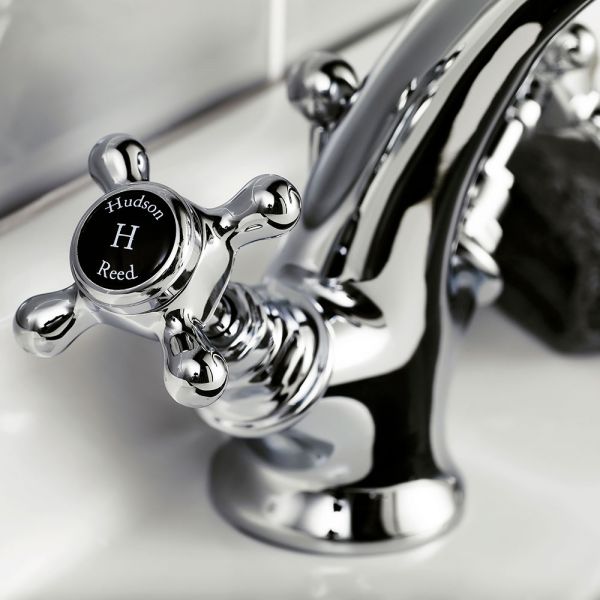 Hudson Reed Topaz Crosshead Chrome Mono Basin Mixer Tap with Pop Up Waste inc Hexagonal Collars and Black Indices #2