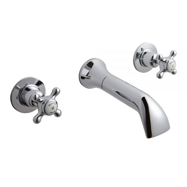 Hudson Reed Topaz Crosshead Chrome Wall Mounted 3 Hole Wall Mounted Bath Filler Tap inc Dome Collars and White Indices