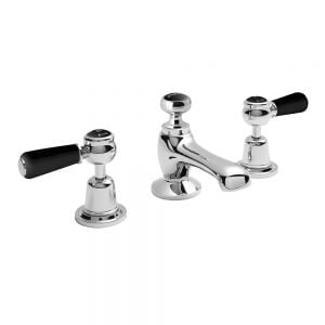 Hudson Reed Topaz Lever Chrome Deck Mounted 3 Hole Basin Mixer Tap with Pop Up Waste inc Dome Collars and Black Levers