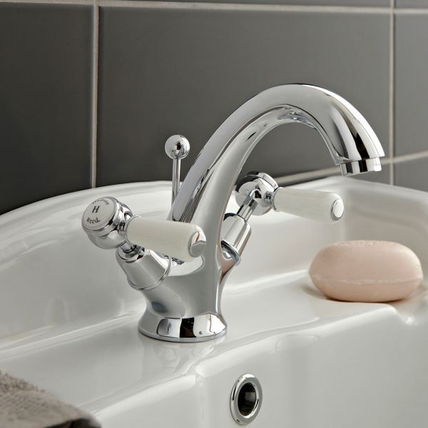 Hudson Reed Topaz Lever Chrome Mono Basin Mixer Tap with Pop Up Waste inc Dome Collars and White Levers #2