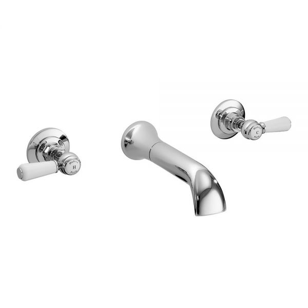 Hudson Reed Topaz Lever Chrome Wall Mounted 3 Hole Wall Mounted Basin Mixer Tap inc Hexagonal Collars and White Levers