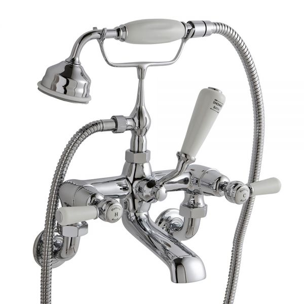 Hudson Reed Topaz Lever Chrome Wall Mounted Bath Shower Mixer Tap inc Dome Collars and White Levers