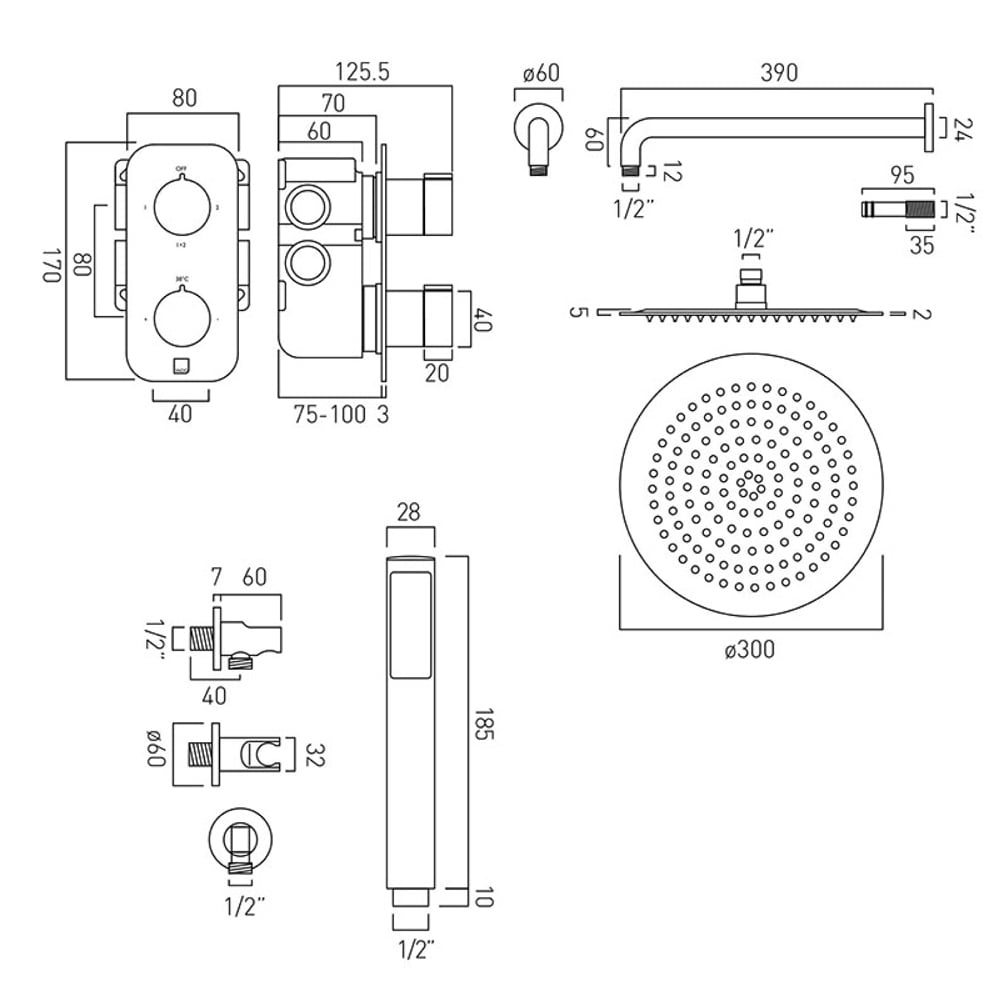 Vado Tablet 2 Outlet Concealed Thermostatic Shower Valve with Fixed ...